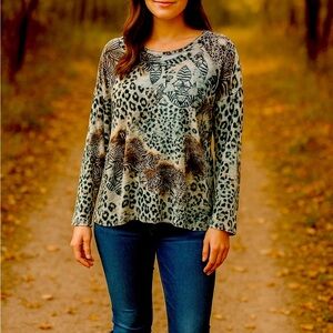 ONE WORLD Multicolor Animal Print Blouse Size XL Safari Abstract Art to Wear